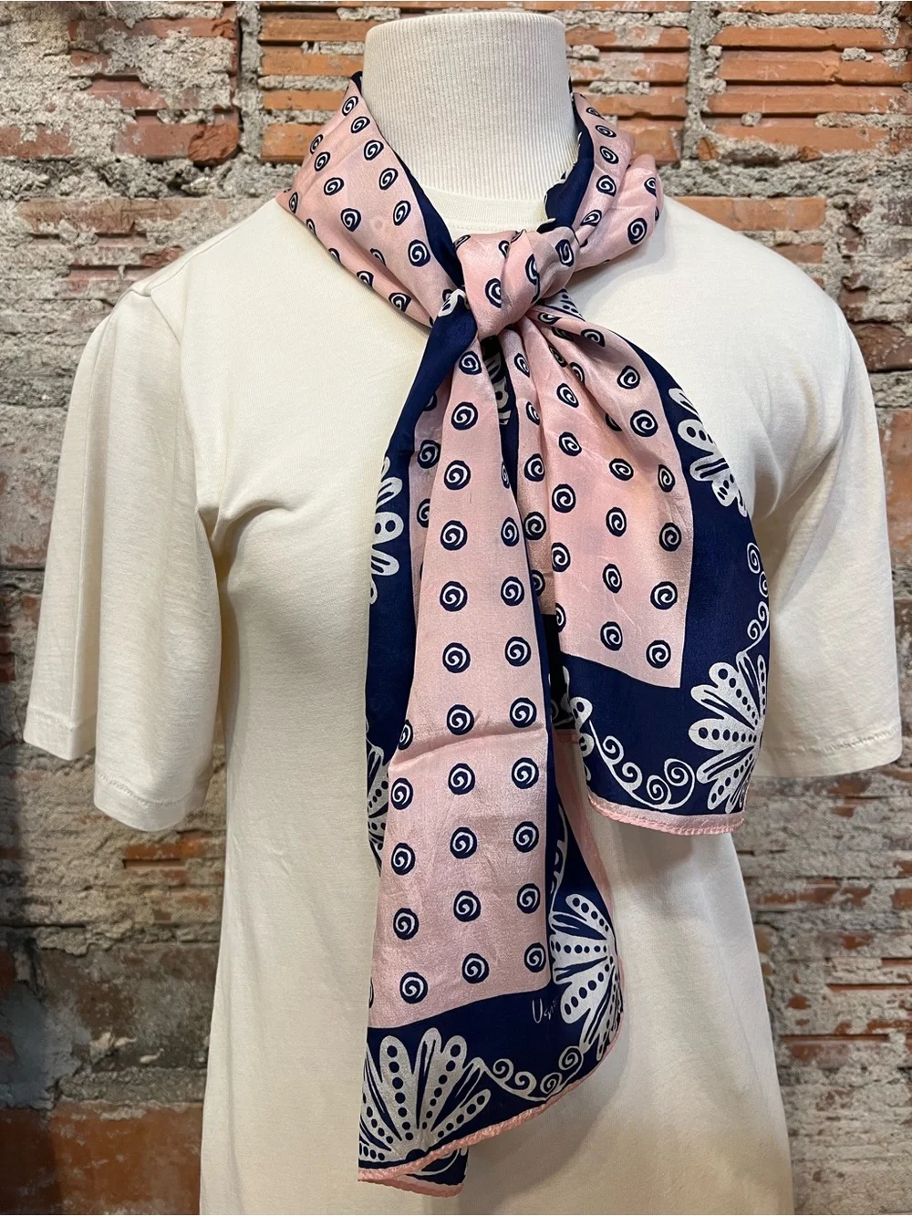 Vintage Vera Neumann  silk Oblong Scarf hand rolled pink navy floral design